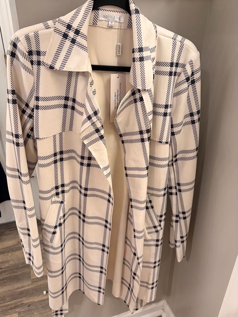 Solitaire Cream and Navy Plaid Open Front Coatigan - Picture 2 of 10